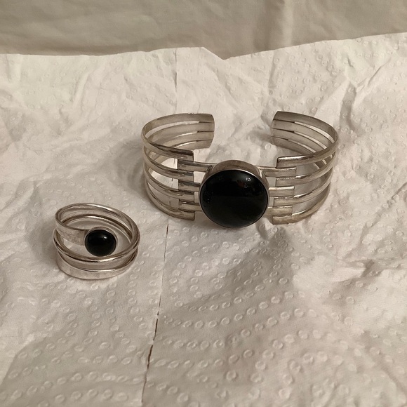 Dominique Dinouart DDD 925 Silver Black Ónix Inlay Cuff Bangle + Ring 8.5 Set - Picture 15 of 15